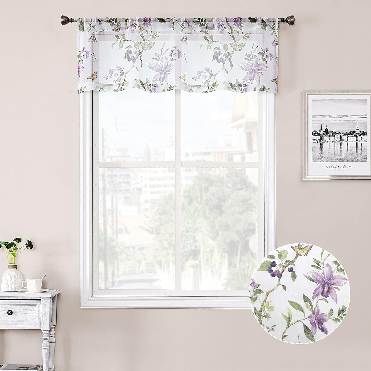 Tollpiz Floral Sheer Curtain Valance Purple Cherry Flower Butterfly Print Living Room Valance Curtains Rod Pocket Voile White Sheer Curtain Valances for Bedroom, 54 x 16 inches Long, Set of 1 Panel