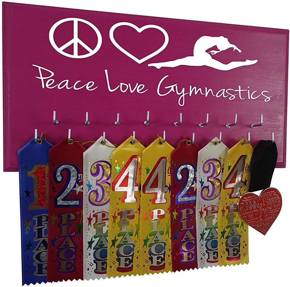 RunningontheWall Gymnastics Medal Display Rack, Gymnast Medal Hanger Peace. Love. Gymnastics. Gymnastics Award Hanger, Gymnast Ribbon Holder