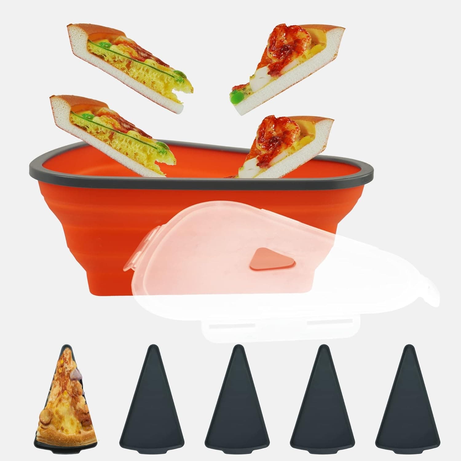 Pizza Storage Containers with 5 Microwavable Serving Trays,Reusable Silicone Collapsible Pizza Storage Box Pack with Lids Adjustable Expandable Pizza Slice Container to Organize Save Space