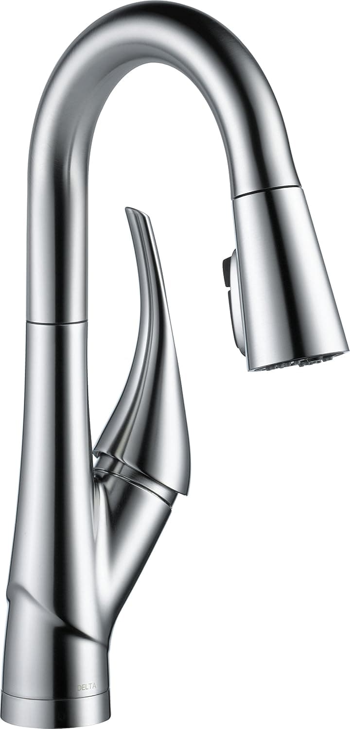 Delta Faucet Esque Single-Handle Bar-Prep Kitchen Sink Faucet with Pull Down Sprayer and Magnetic Docking Spray Head, Arctic Stainless 9981-AR-DST