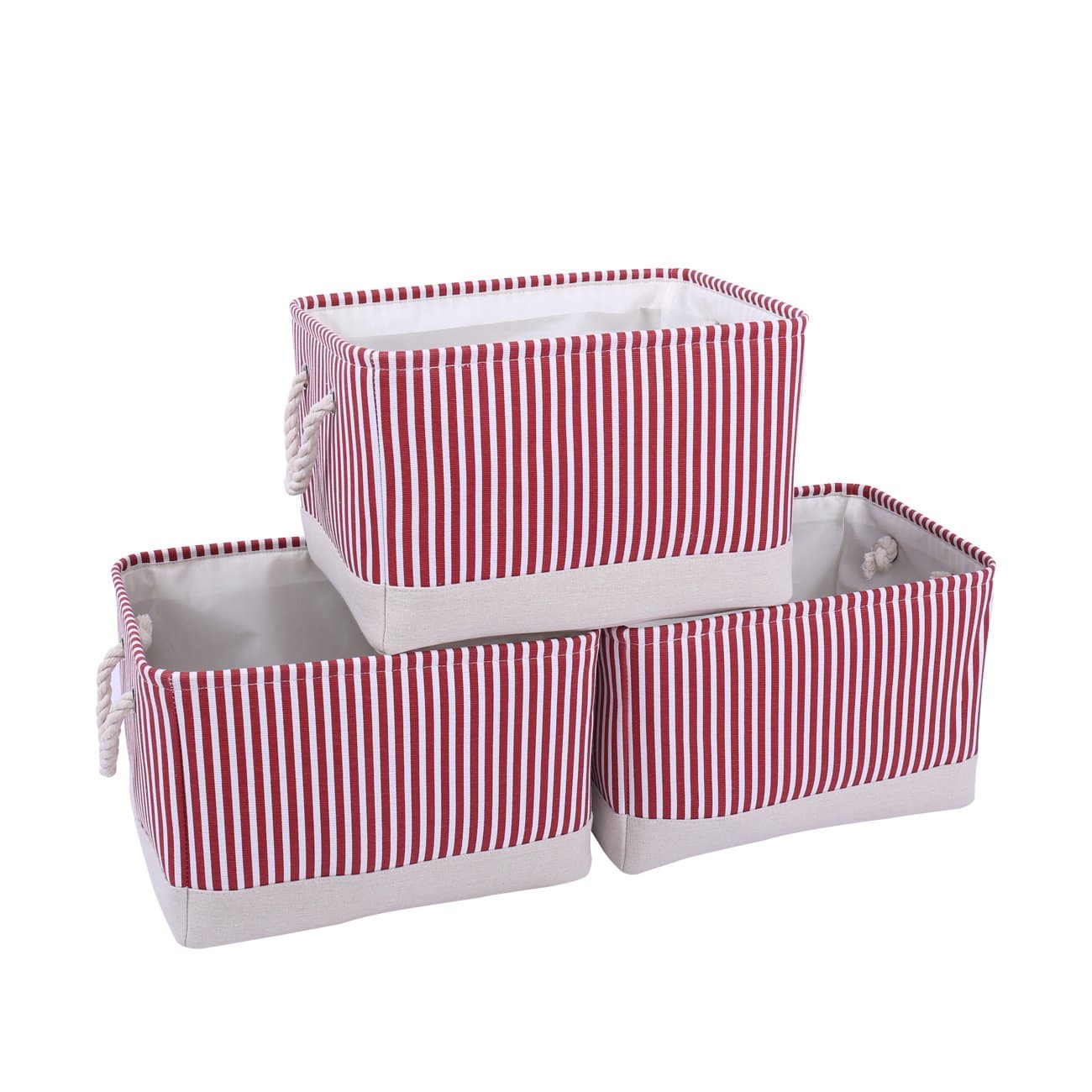 TcaFmac Large Fabric Storage Basket Bin[3-Pack] Collapsible Canvas Storage Containers Organizing Baskets with Rope Handles Baskets for Gifts Empty Baby Basket (red&White, 3-Pack)