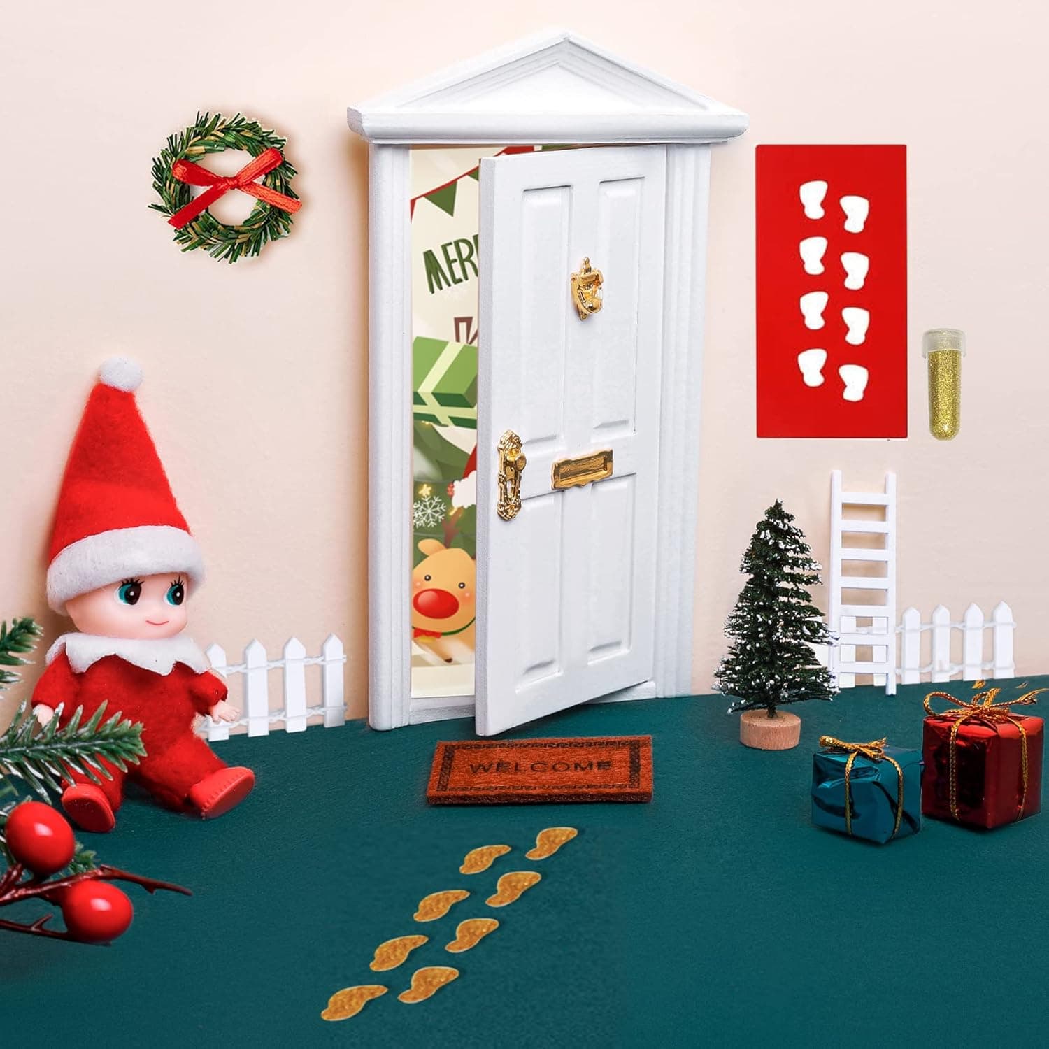 Mini White Elf Door on The Shelf Christmas Miniature Tiny Wooden Tooth Fairy Door Decorations for Wall Festive Opening Magical Fairy Door Set for Present with Christmas Scene Plus Accessories