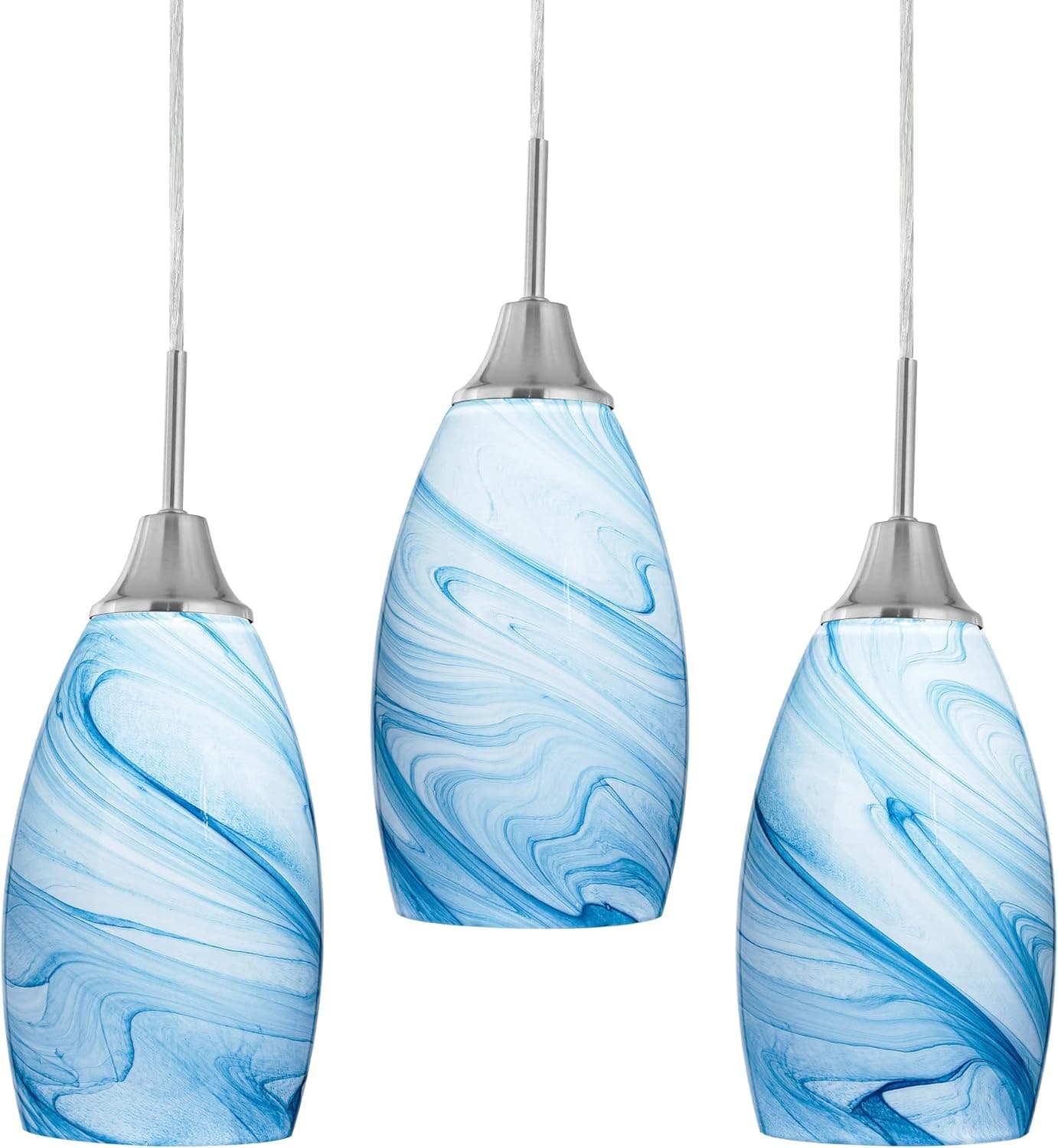 Mini Glass Pendant Light with Handblown Blue Marble Art Glass Shade Adjustable Cord Modern Oval Lamp Ceiling Pendant Light Fixture for Dining Room, kitchen,Foyer, Hallway, Brushed Nickel Finish 3 Pack