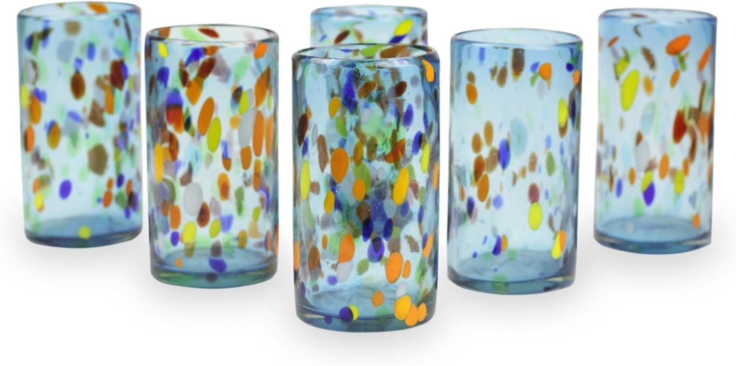 NOVICA 215058 Bold Sky Fiesta Beach Bonfire Hand Blown Glass Tumblers, 6" x 3.1"