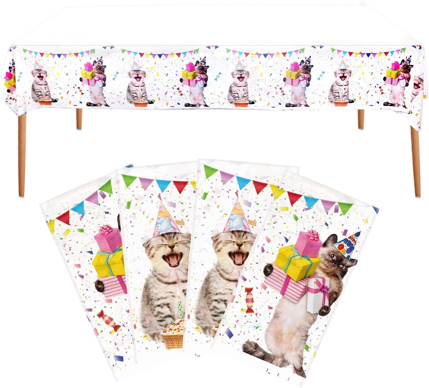 4 Pack Cat Plastic Party Tablecover - Kitten Birthday Party Tablecloth 86 x 51 inches (220 x 130cm) for Pet Cat Party Supplies, Cat Birthday Party Decorations, Pet Cat Party Plates Tableware Set