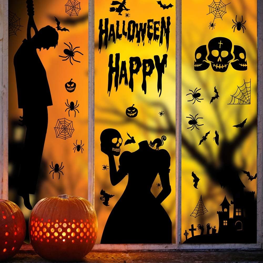 YUSONGIRL 53PCS Halloween Window Clings Witch Castle Bats Stickers Decals Cemetery Cross Spider Skull Black Cat Ghost Removable Glass Door Fridge Sticker Decoration Murder Night Party Supplies (A)