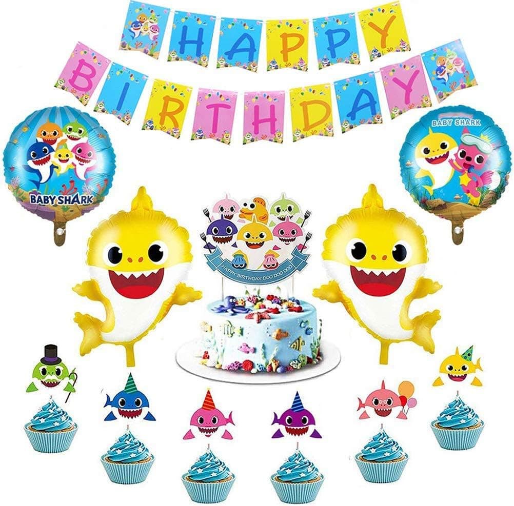 Party Supplies Decorations Set 4 Shark Cute Balloons 1 Cute Shark Birthday Banner 1 Big Cake topper 12 Cupcake toppers for Cute Shark Birthday Party Decorations
