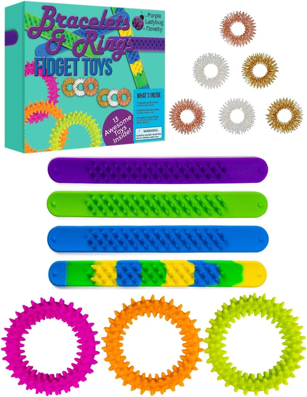 Purple Ladybug Fidget Bracelets & Rings for Stress & Anxiety Relief! BPA & Phthalate Free Sensory Toys for Kids: 4 Slap Bracelets, 3 Spiky Bracelets & 6 Fidget Rings - Fun Fidgets and Cool Travel Toys