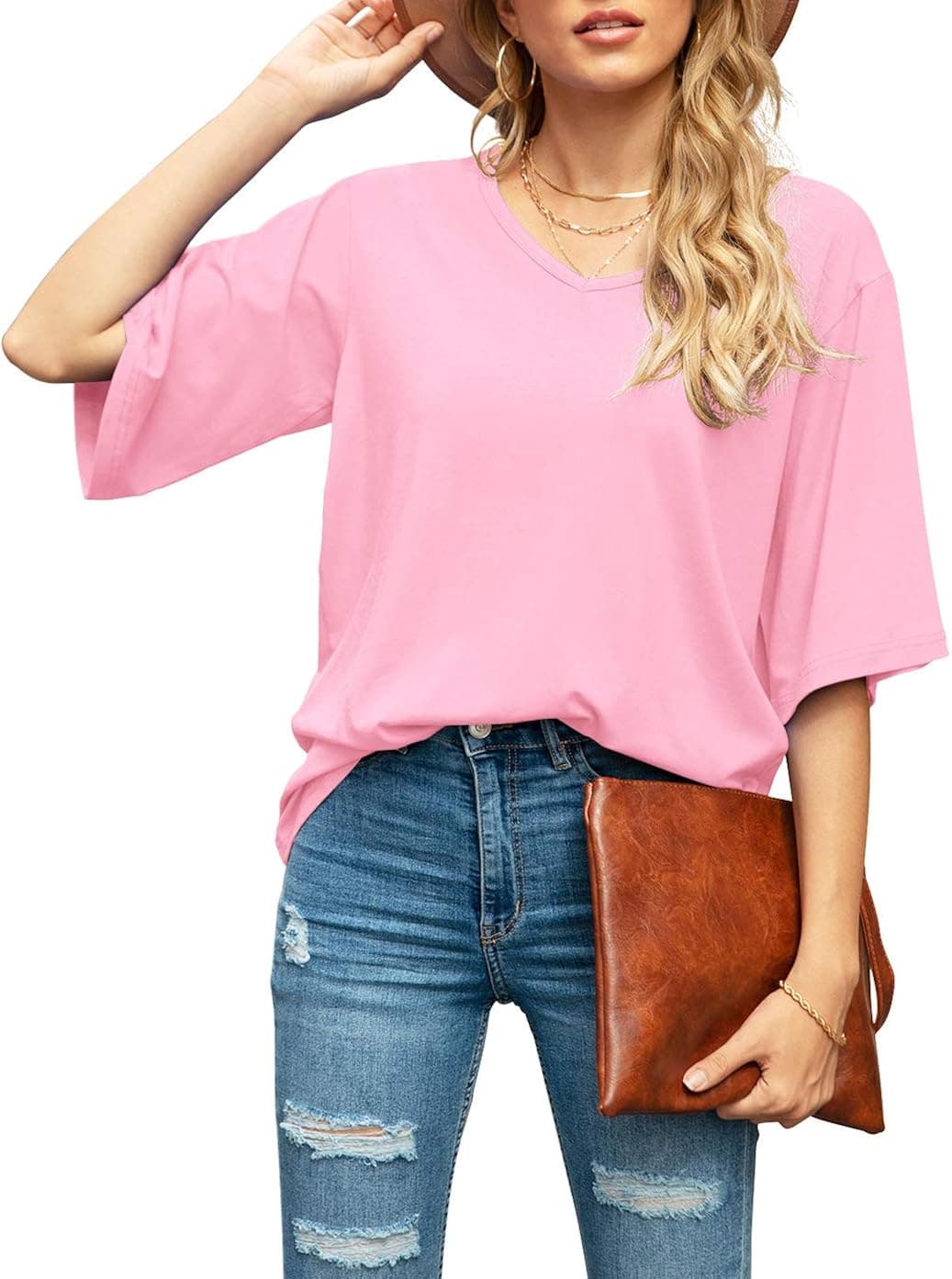 SUEANI Women's Summer Short Sleeve V Neck Tee Shirts Basic Tops(Small, Pink)