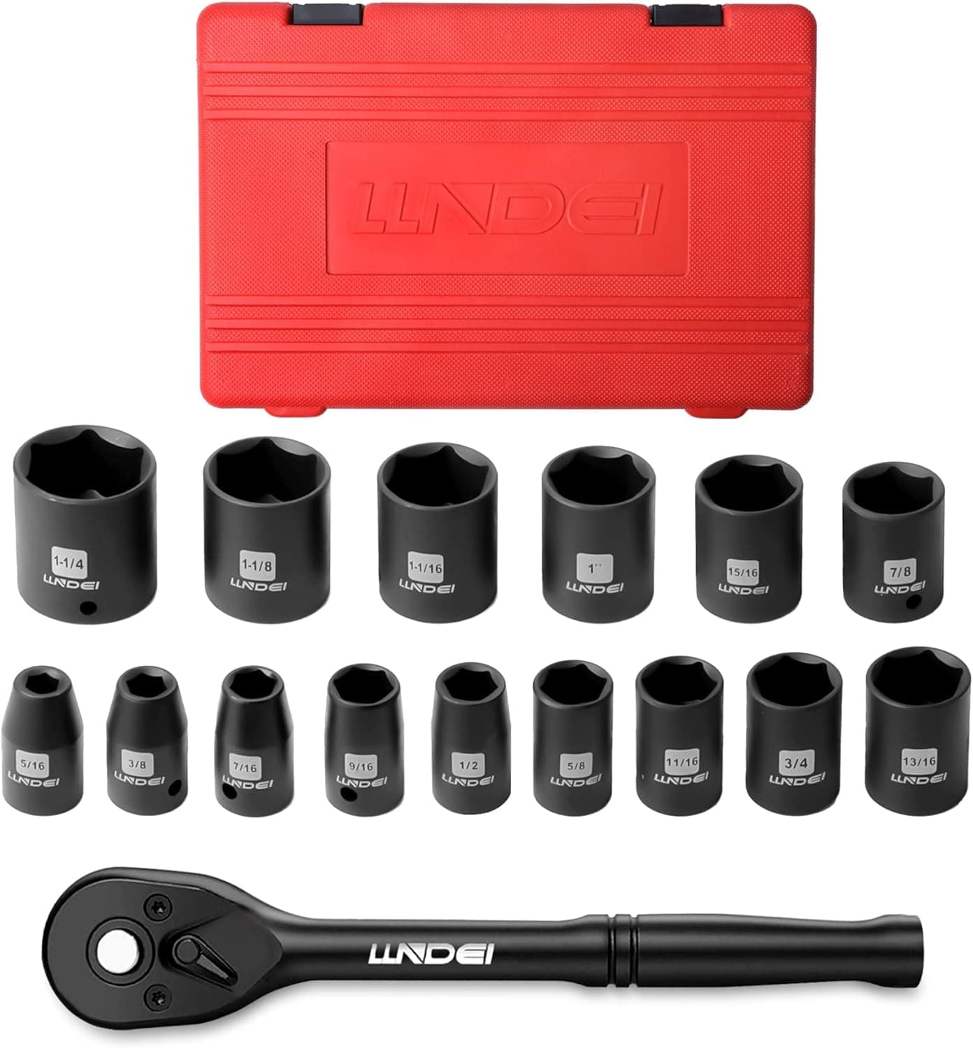 LLNDEI 1/2-inch Drive Shallow Impact Socket Set, 16-Piece, SAE,10-inch 72 Tooth Quick Release Ratchet Handle, 6 Point Sockets, 3/8-inch ~ 1-1/4 inch, CR-V Steel, Black Phosphate Finish, Storage Case