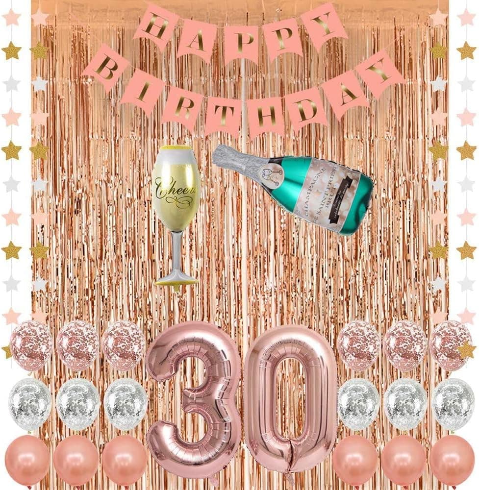 Rose Gold 30 Birthday Party Decorations Supplies, Champagne Balloon, Pink Happy Birthday Banner, 30 Balloons,Rose Gold Foil Fringe Curtains,Confetti Balloons for 30th Birthday Decorations for Her (30)