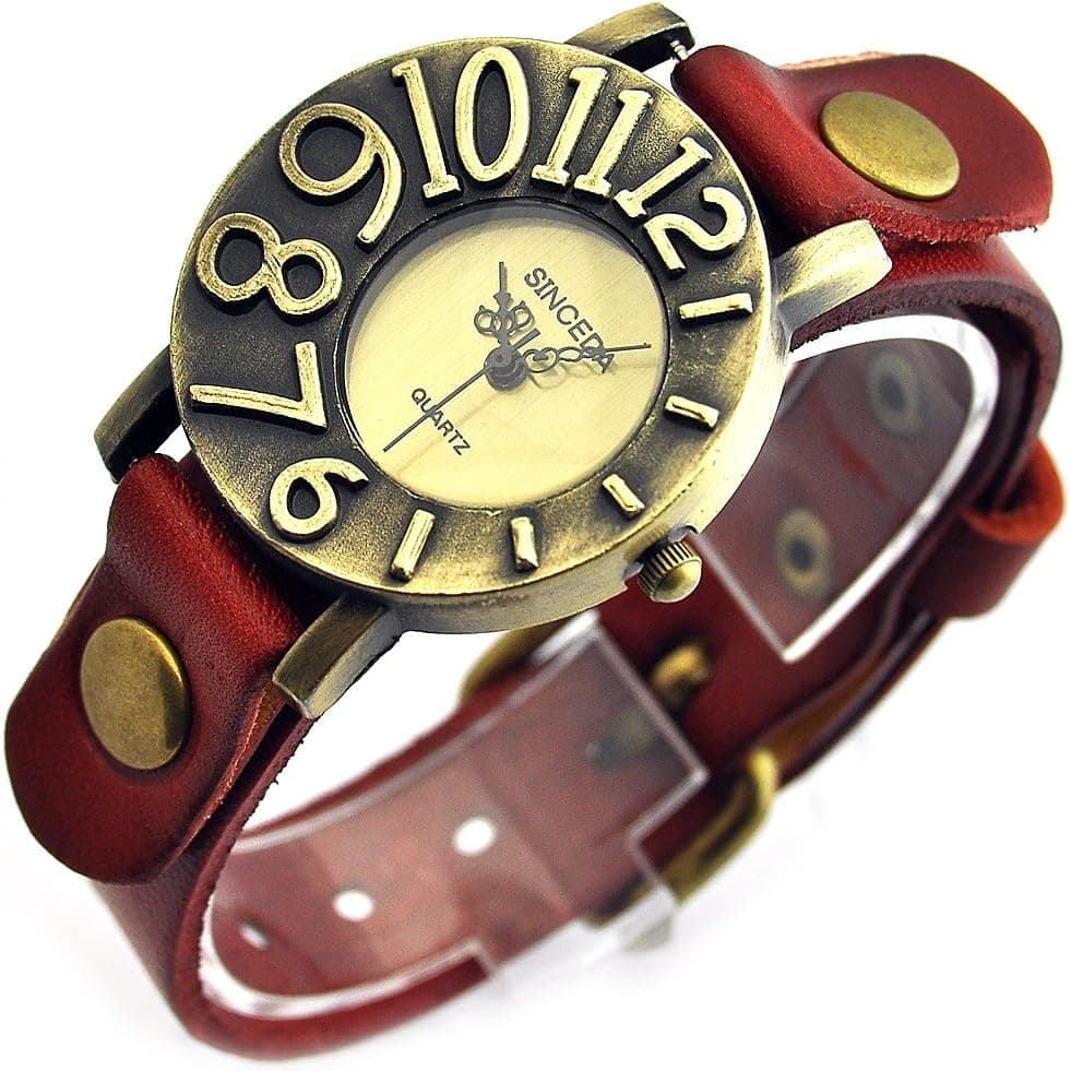Sinceda Genuine Leather Punk Retro Arabic Numerals Women's Fashion Watch Red Strap