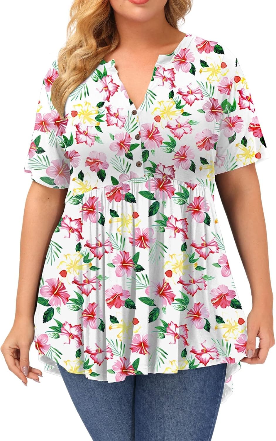 ALLEGRACE Plus Size Tunic Tops Women Floral Short Sleeve Top Summer Flowy Tunics