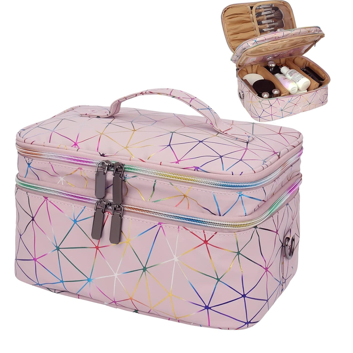 UNIMORE Toiletry Bag Hanging Travel Makeup Organizer, Water Resistant Double Layer Cosmetic Bag for Women Large Pink