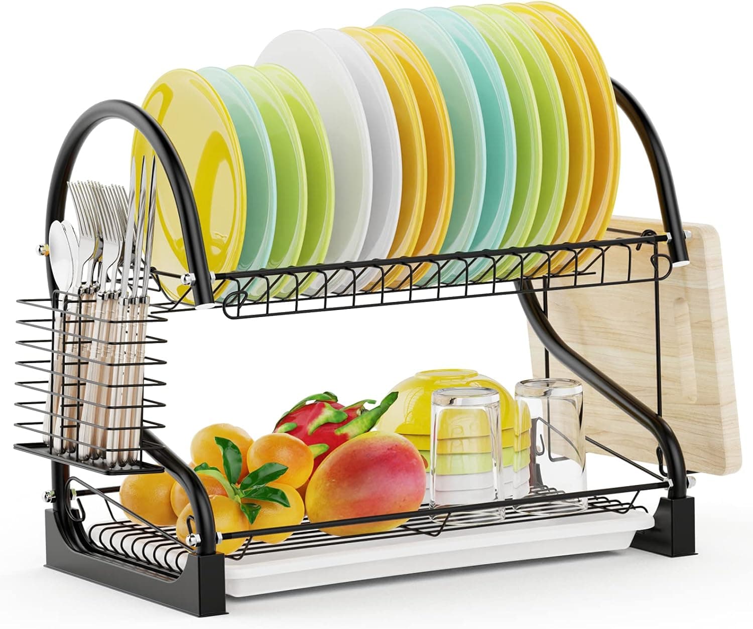 Dish Drying Rack, Warmfill 3 Tier Metal Dish Rack with Utensil Holder, Cutting Board Holder and Darinboard for Kitchen Counter, Black