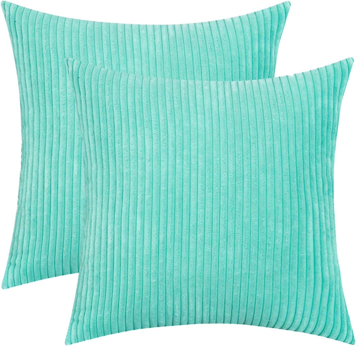HWY 50 Aqua Blue Throw Pillows Cover Set 18x18 inch for Couch Sofa Living Room Bedroom, Corduroy Soft Cozy Solid Square Throw Pillow Cases Cushion Covers Pack of 2 Striped Decorative