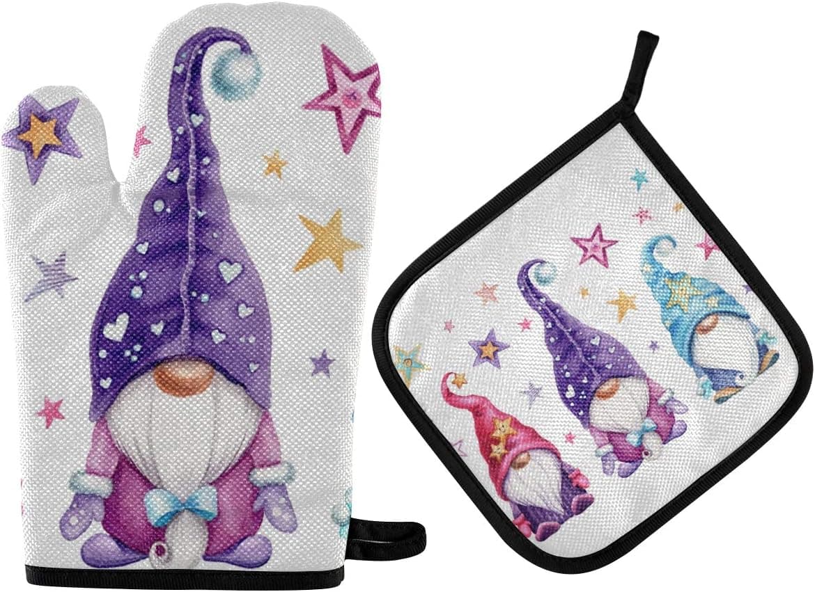 Exnundod Christmas Gnomes Oven Mitts & Pot Holders 2pcs Magic Stars Kitchen Heat Resistant Non-Slip Potholders Set for Cooking Baking BBQ