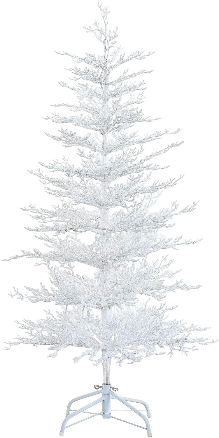 LordofXMAS Flocked Twig 5 ft. White Artificial Christmas Tree PE Snowy Pine with LED String Lighting 100 Blue Light Bulbs 34 in. Width 195 Branch Tips