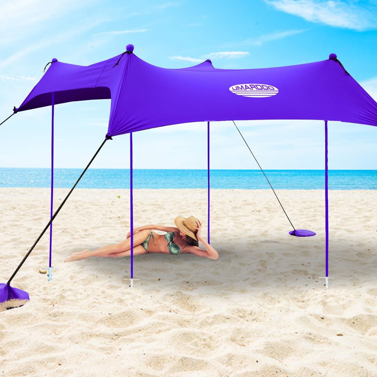 UMARDOO Family Beach Sunshade with 4 Sand Anchors,4 Aluminum Poles & Carring Bag,UPF 50+ (Purple, 7x7 ft)