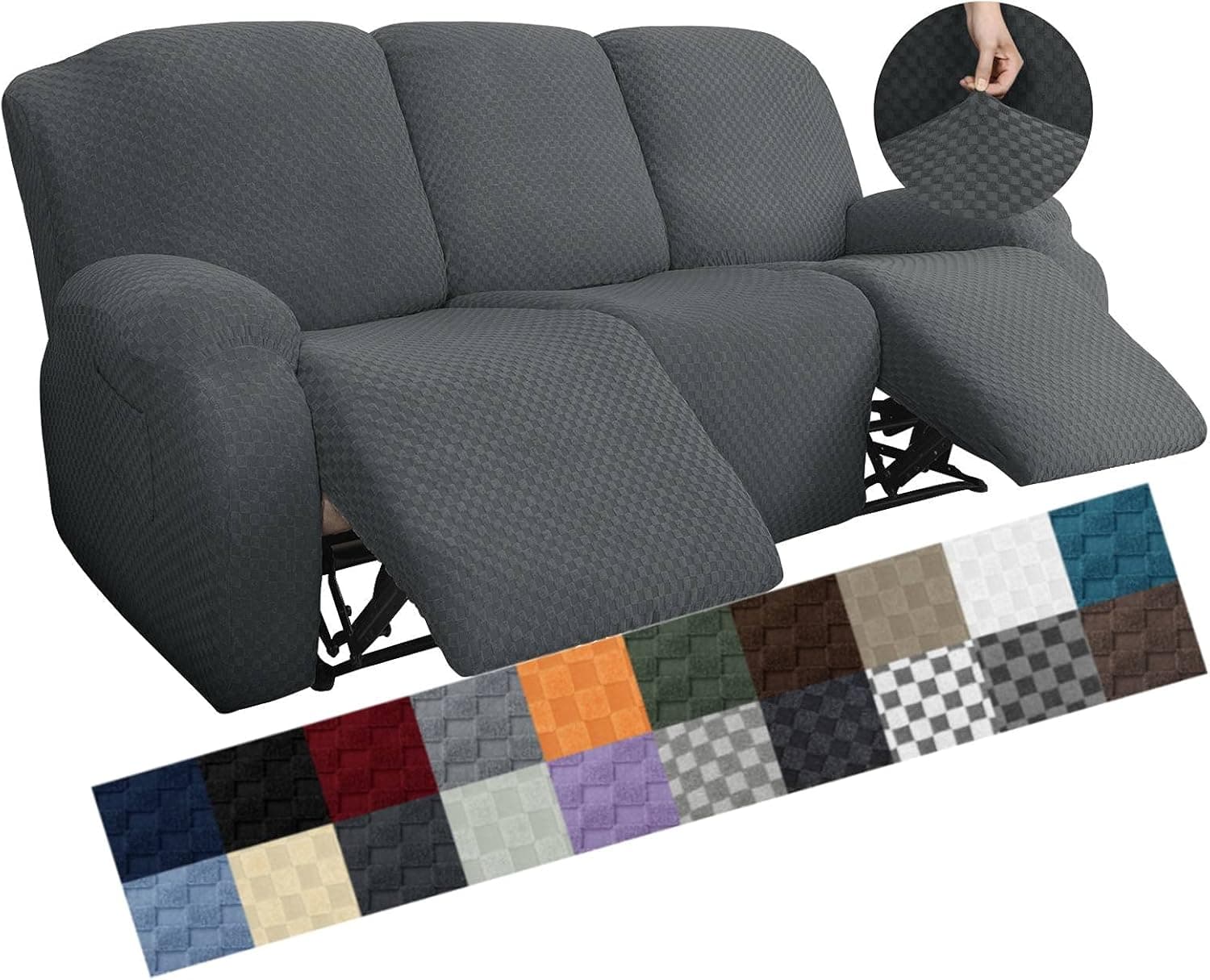 YEMYHOM 8 Pieces Stretch Recliner Sofa Cover Latest Jacquard Reclining Couch Cover with Side Pocket Anti-Slip Fitted 3 Cushion Furniture Slipcovers with Elastic Bottom (Sofa Recliner, Dark Gray)