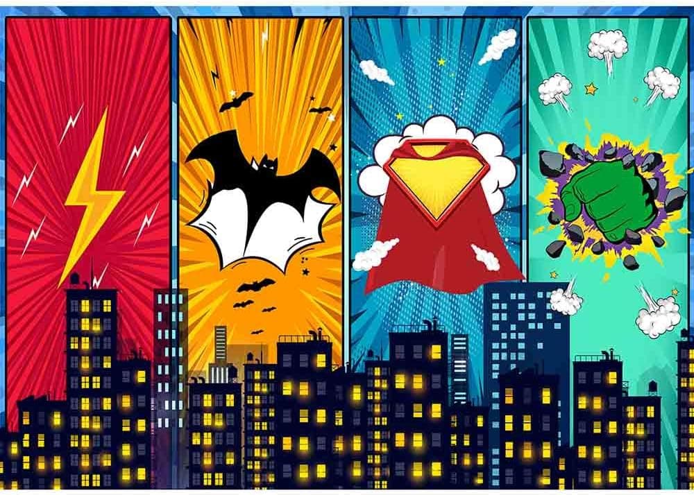 Allenjoy 84x60inch Superhero Backdrop Super Heros Cityscape Buildings Children Birthday Party Baby Shower Newborn Kids Event Dessert Table Photography Background Decoration Photo Booth Studio Props