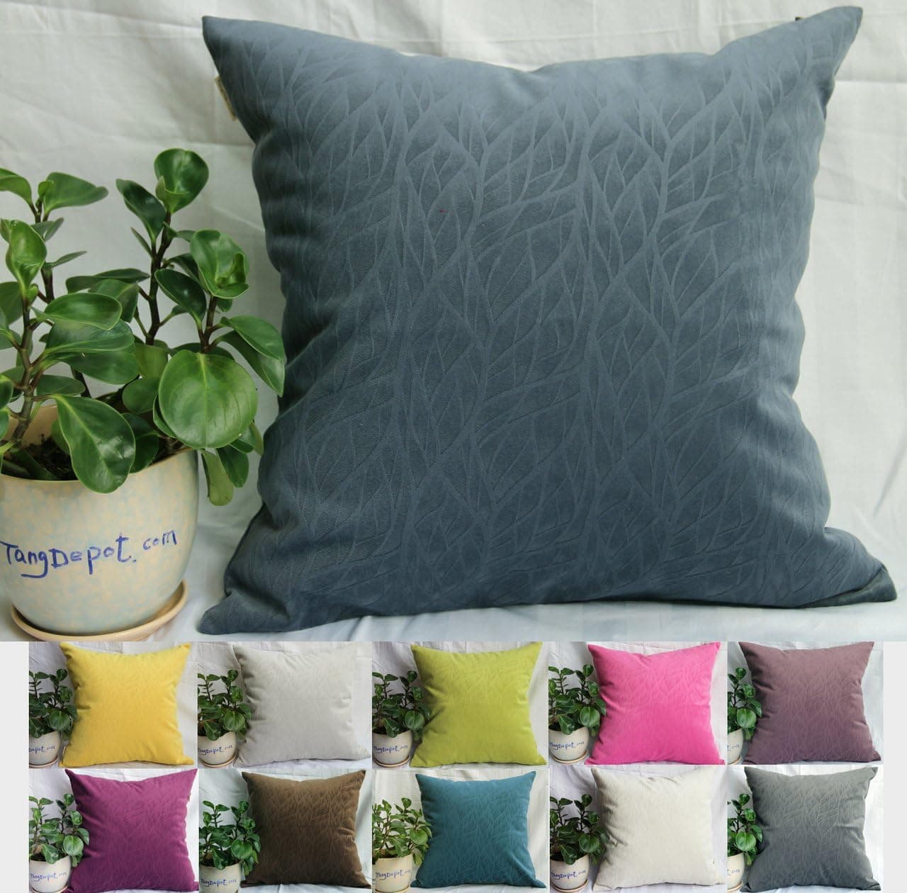 TangDepot Solid Velvet Decorative Pillow Covers/Euro Pillow Shams, Super Soft Velour, Micro Embossed Leaf Texture and Shape - (18"x18", Blue Black)
