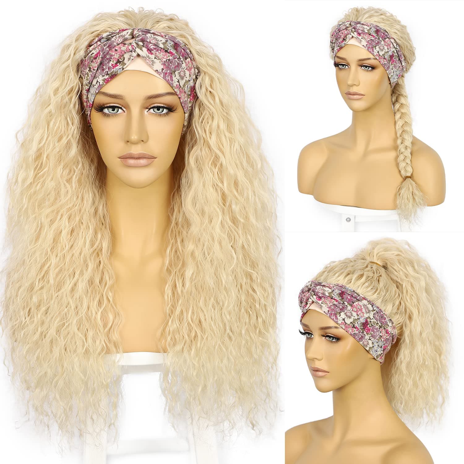SOMIARIK 613 Synthetic Headband Wigs for Women Blonde Headband Wigs 26inch Glueless Synthetic Wigs Long Wavy Curly Blonde Wig 150% Density Natural Hairline Curly Daily Use Wig