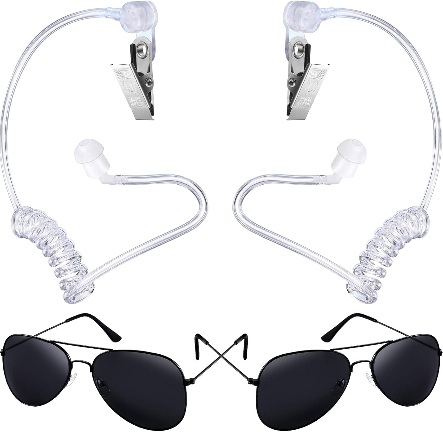 Gejoy 4 Pieces Playing Cosplay Toy Includes Earpiece Earplugs Acoustic Tube Headset and Sunglasses Ring Bearer Security (Black Glasses Frame)