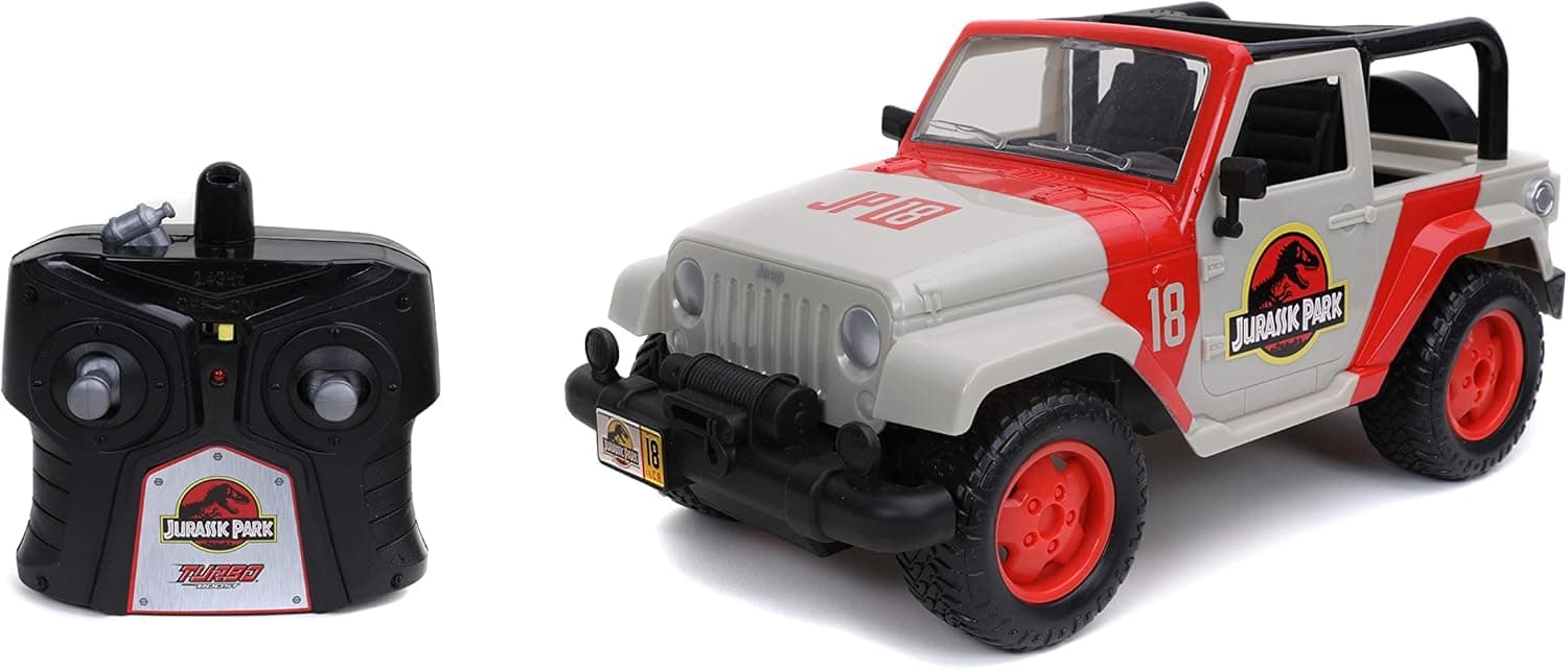Jada Toys Jurassic World Hollywood Ride Jurassic Park Jeep Wrangler Remote Car Hollywood Rides Jurassic Park Jeep Wrangler - 1:16 Scale Radio Control Vehicle,Beige