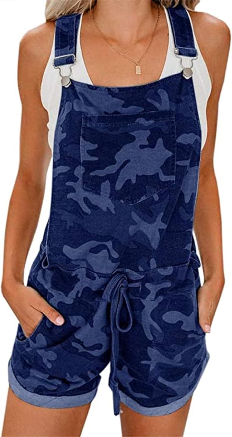 Women's Bib Overall Shorts Summer Casual Camo Elastic Waist Comfy Fit Playsuit