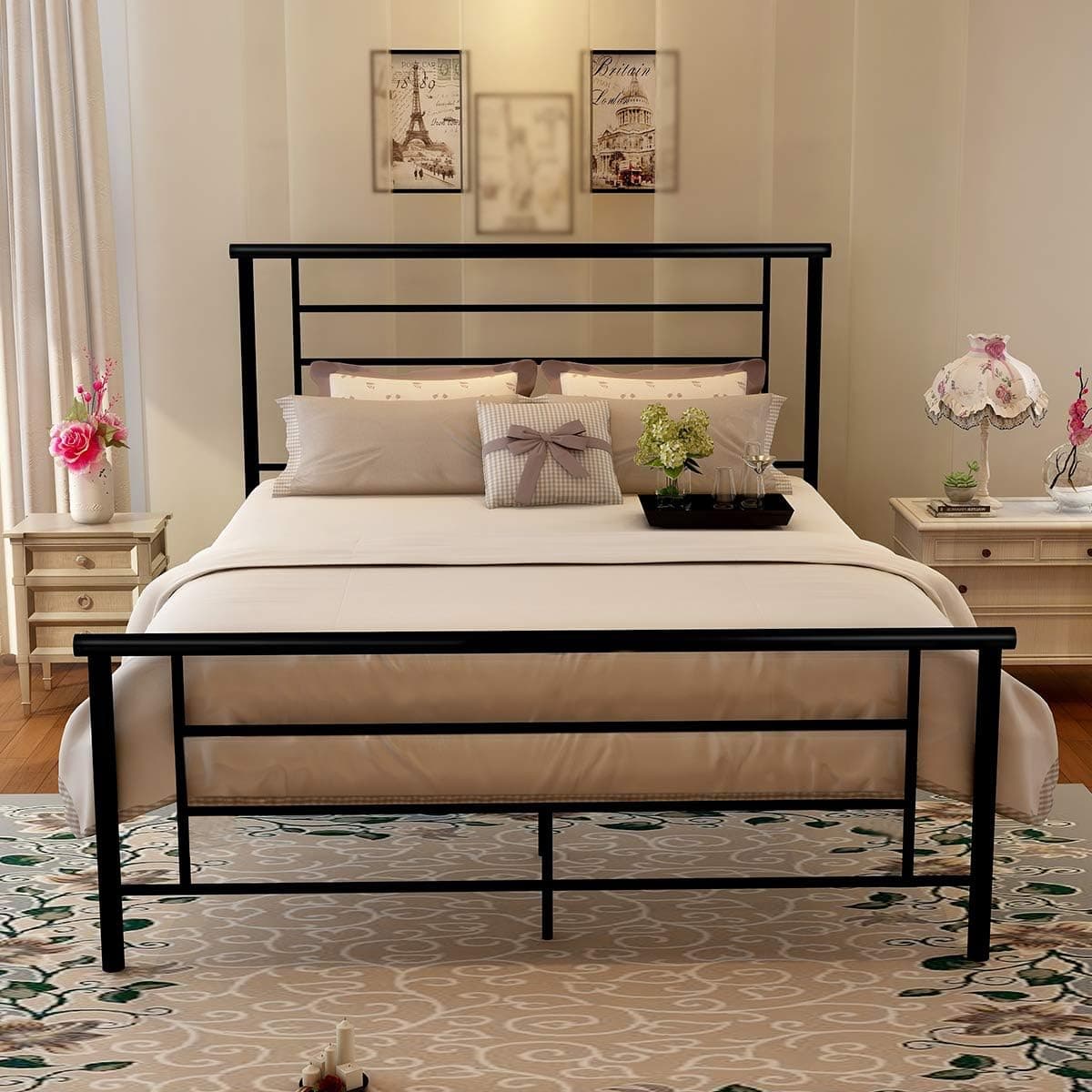 Metal Queen Bed Frame Platform Iron Bed with Headboard & Footboard Support Box Spring Black Mattress Foundation Double Size (Full, Black)