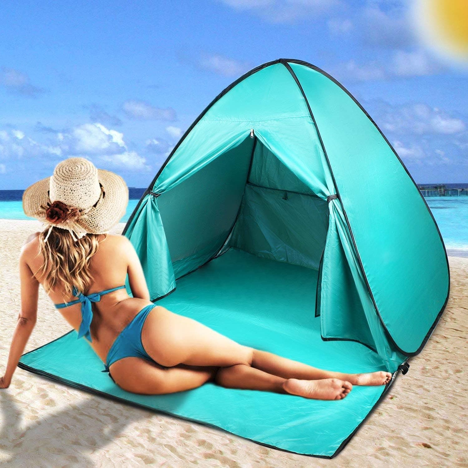 FBSPORT Beach Tent, UPF 50+ Automatic Pop Up Sun Shade, Portable Outdoor Tent for Beach with Carrying Bag, Lightweight Windproof Cabana Canopy Sun Shelter Fit 2-3 Person