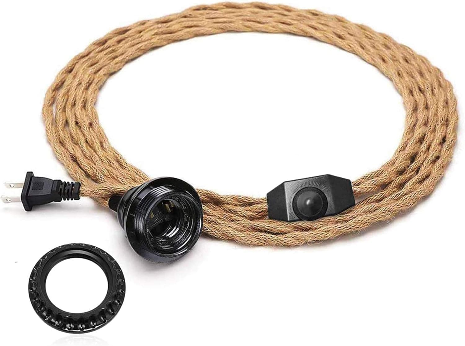 Vintage Plug in Hanging Light Kit, DORESshop Vintage 15FT Twisted Hemp Rope Pendant Light Cord Kit with Dimmer Switch, Industrial Pendant Lighting E26 Socket for Pendant Lamp Farmhouse Lamp Cable DIY