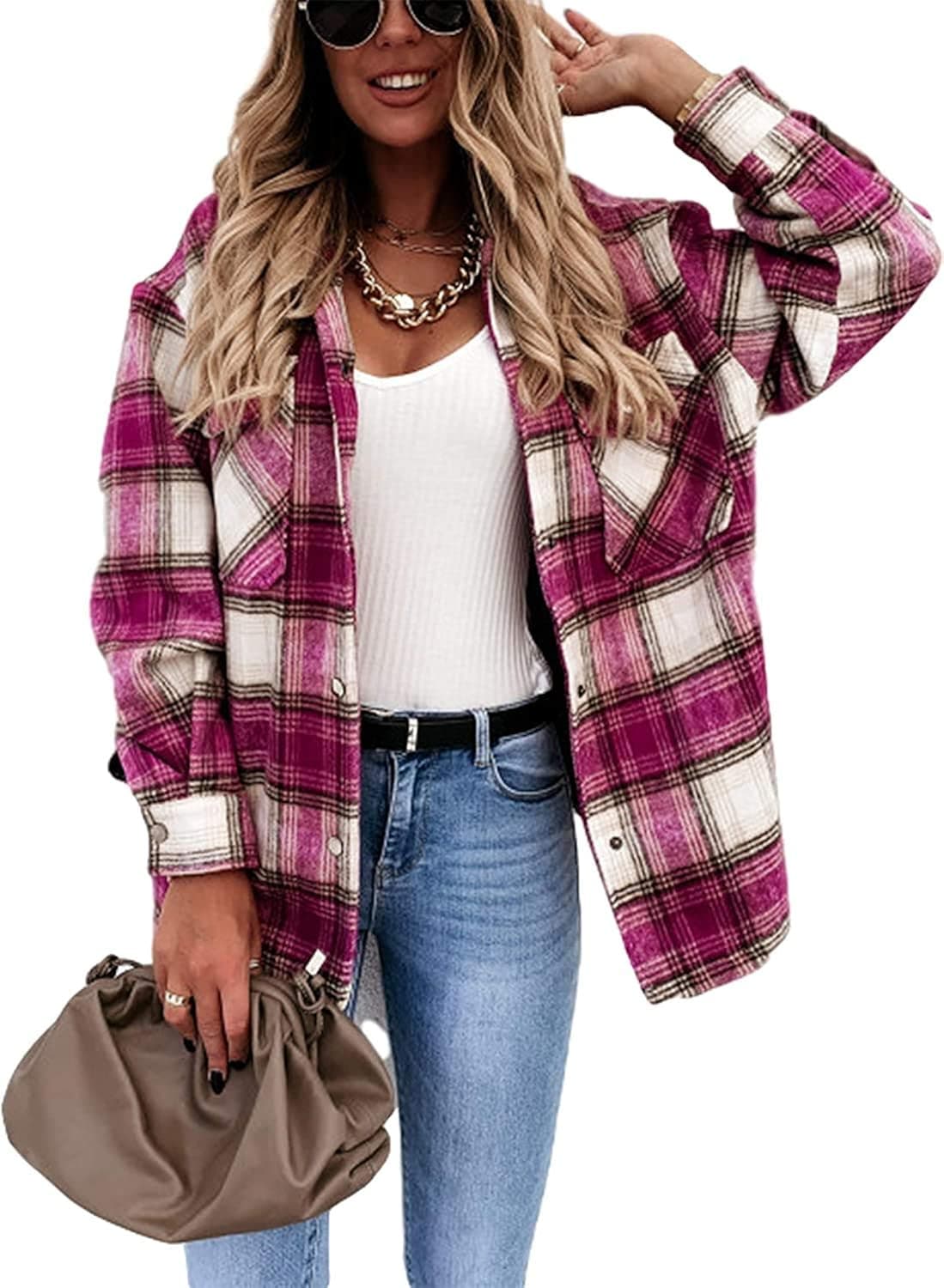 Caitefaso Womens Plaid Wool Jacket Button Down Long Sleeve High Low Fall Shirts Shacket Coat With Pockets