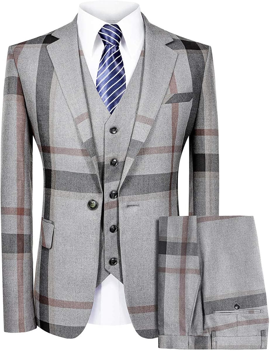MAGE MALE Men’s Plaid Suit Slim Fit 3-Piece Leisure Suit One Button Blazer Dress Business Wedding Party Jacket Vest & Pants