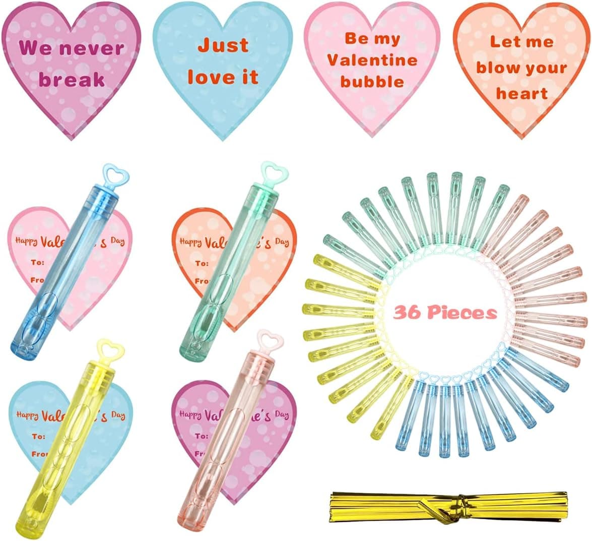 Pinkiwine 36 PCS Valentines Cards with Mini Bubble Wands Toys for Kids School Class Classroom Valentines Day Cards Gifts Prizes Party Favors