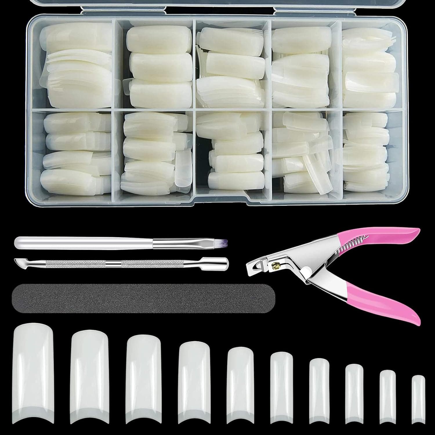 MUIIGOOD Acrylic Nail Tips 500pcs with Nail Clipper, Nail File, Brush, Cuticle Pusher, French Fake Nails Natural False Nail Tips Half Cover in Storage Case for Nail Art Salon and Home DIY (10 Sizes)