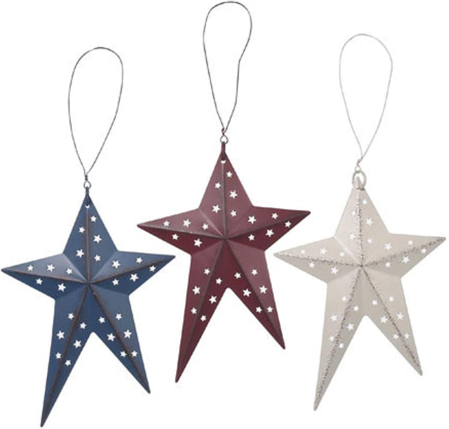 3-D Metal Folk Star - Red - White - Blue - 6 inches - Americana Patriotic Barn Wall Decor (3pc)