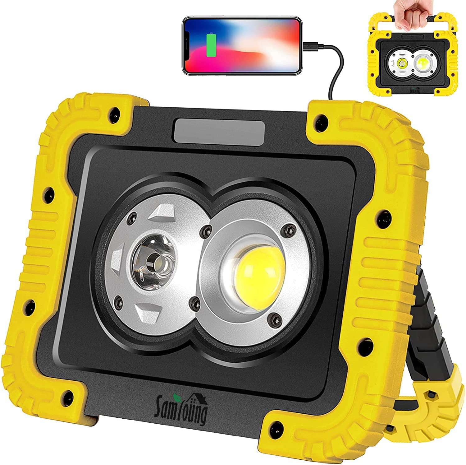Samyoung Rechargeable Work Light, 3000 Lumen LED Work Light with Spot & Flood COB, 180 Rotating Mechanic Light IP65 Waterproof for Job Site Lighting Outdoor Camping Hiking Emergency Car Repairing
