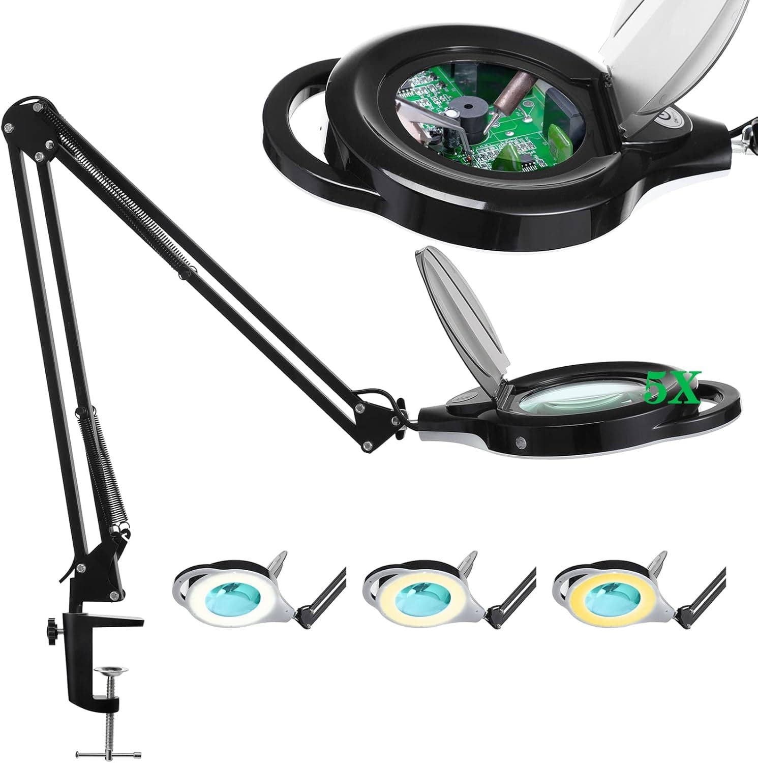 5X Magnifying Glass with Light and Stand, KIRKAS 3 Color Modes and Stepless Dimming LED Magnifying Lamp, 8-Diopter Optics/ 5X Real Glass Lens Magnifier Light for Close Work, Repair, Crafts- Black