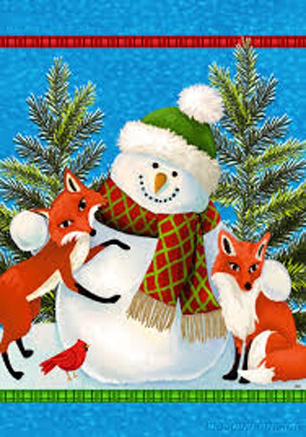 " SNOWMAN AND FOXES " - Winter / Christmas Themed - Garden Size 12 Inch X 18 Inch - Decorative Flag