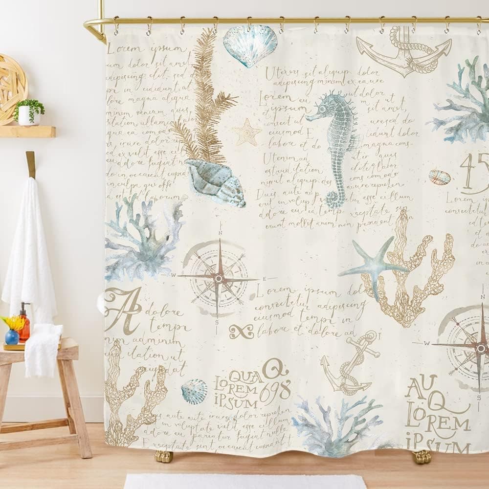 Miyotaa Coastal Starfish Shower Curtain Set 60Wx71H Inches Nautical Vintage Beige Ivory Retro Anchor Sea Horse Ocean Seaweed Polyester Waterproof Cloth Bathroom Curtain with 12 Hooks