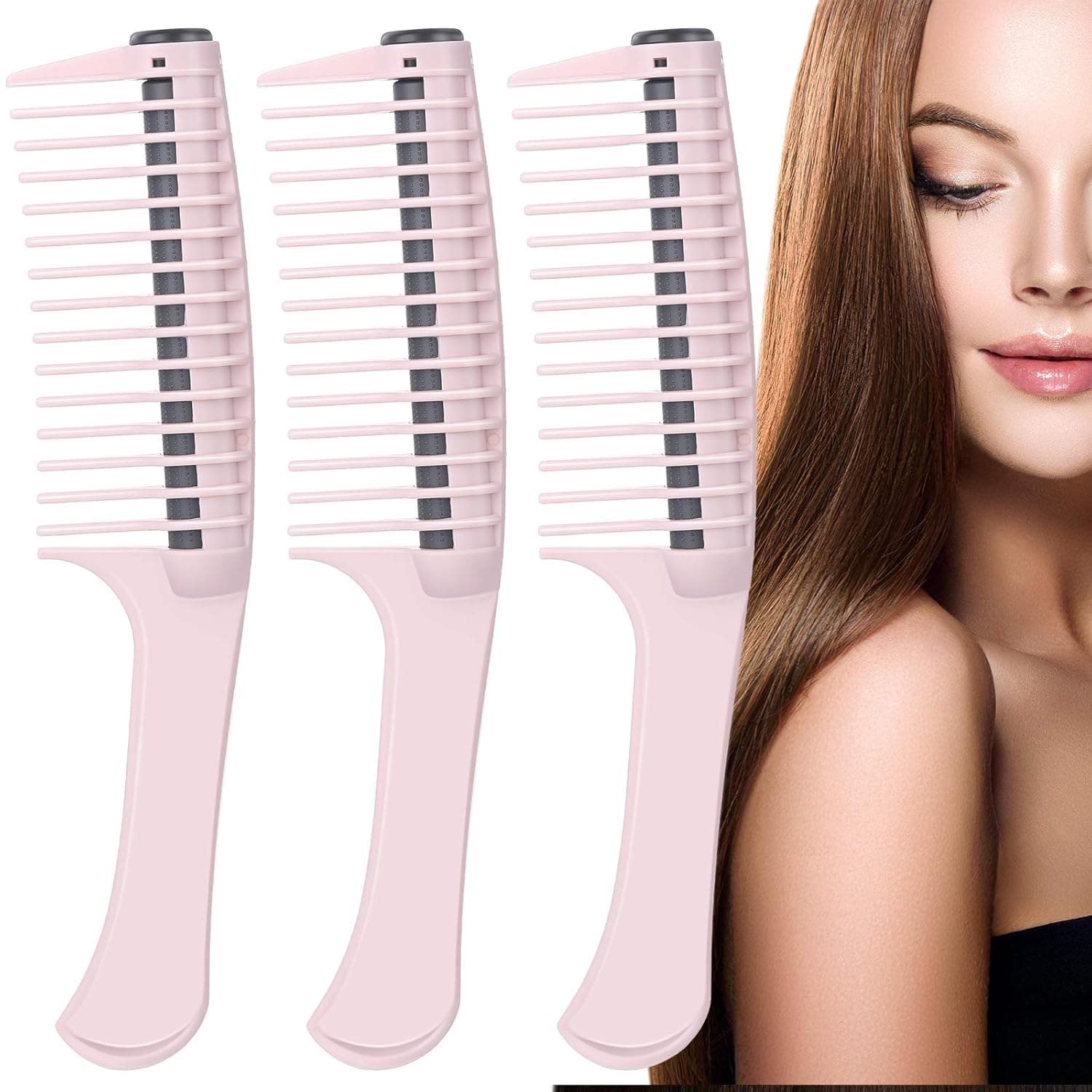 Patelai 3 Pieces Detangling Roller Hair Comb Anti Splicing Integrated Daily Care Comb for Salon Barber Hair Dye (Pink)