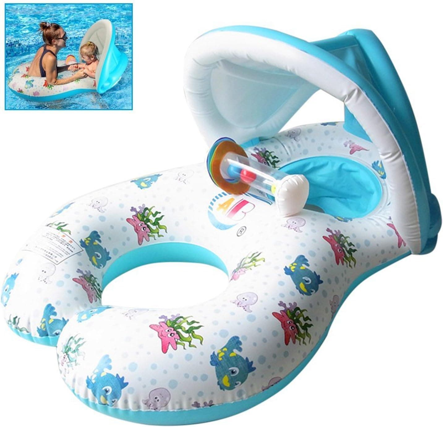B&P Swimming Ring,Mother Baby Pool Float Adjustable Sunshade Inflatable Baby Swim Ring,Boat Double Seats for 6-36 Months Floating Leisure Float ,Mommy and Baby Pool Float with Canopy