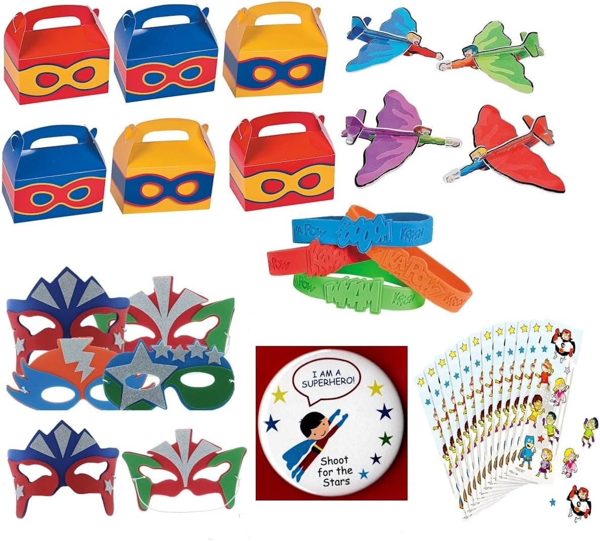 Superhero Birthday Party Favors Supply Pack Toy Assortment (12 Treat Boxes, 12 Foam Mask, 12 Airplane Gliders, 12 Bracelets, Super Hero Stickers & Bonus Button)