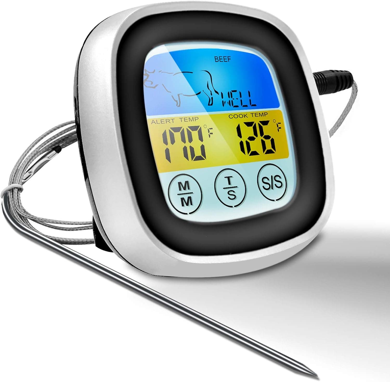 Digital Meat Thermometer, Touchscreen Food Thermometer 40in Probe Cooking Thermometer with Timer Mode for Kitchen Smoker Oven BBQ