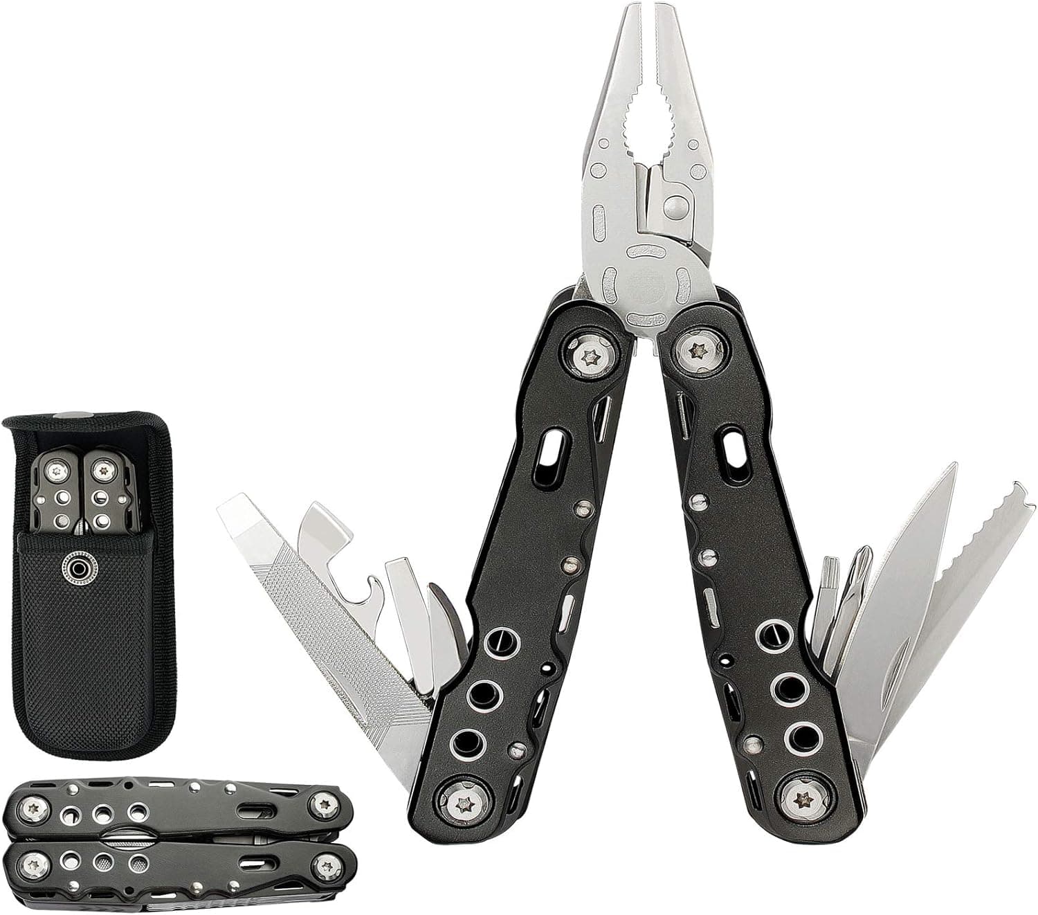 Multitool Plier Stainless Steel 14 in 1 Portable Multitool with Nylon Sheath, Plier, Saw, Bottle &Can Opener, Screwdriver, Knife and Metal File-black by XuCoo