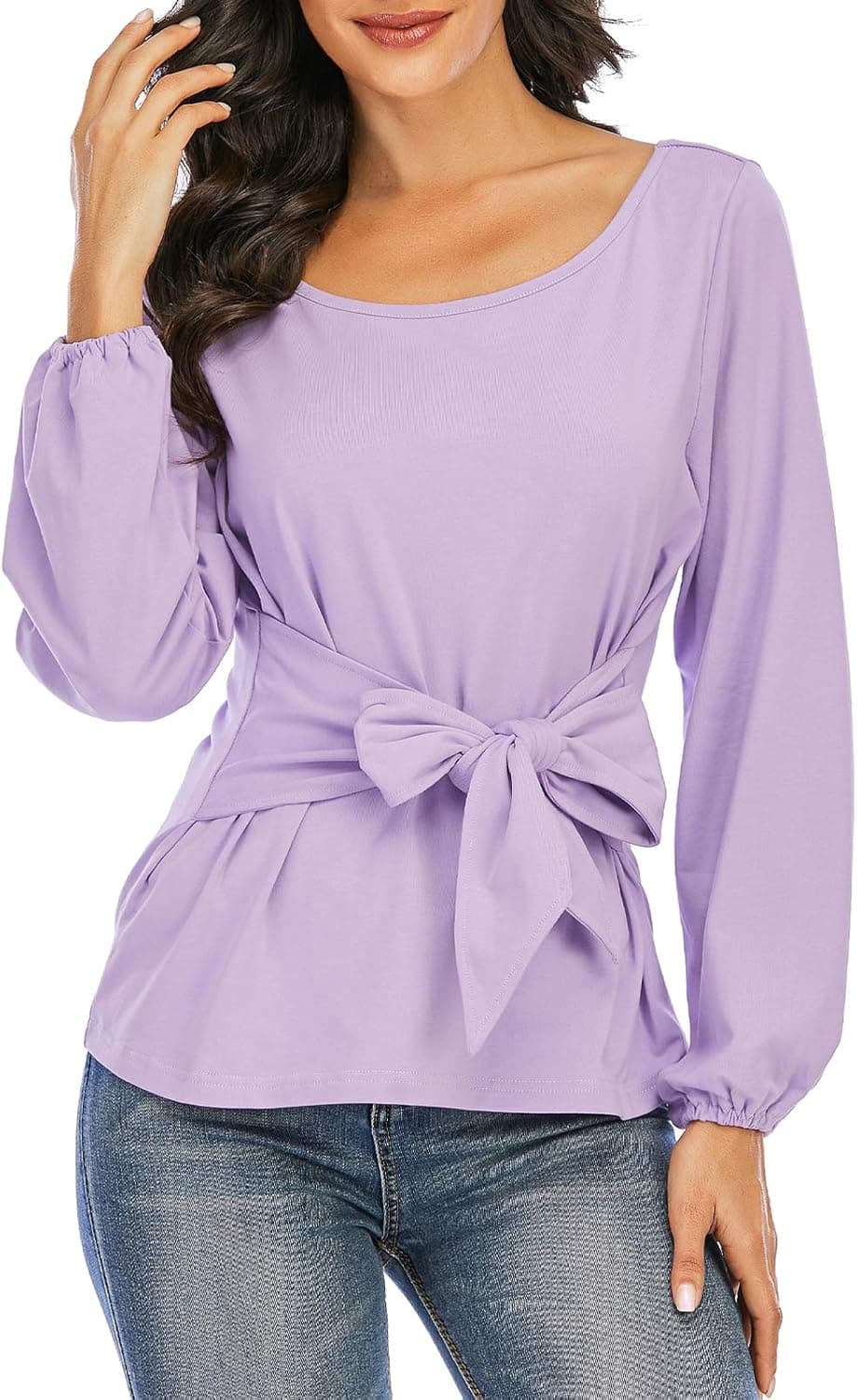 QUALFORT Women’s Long Sleeve Blouses Casual Self Tie Waist Knot Blouse Top