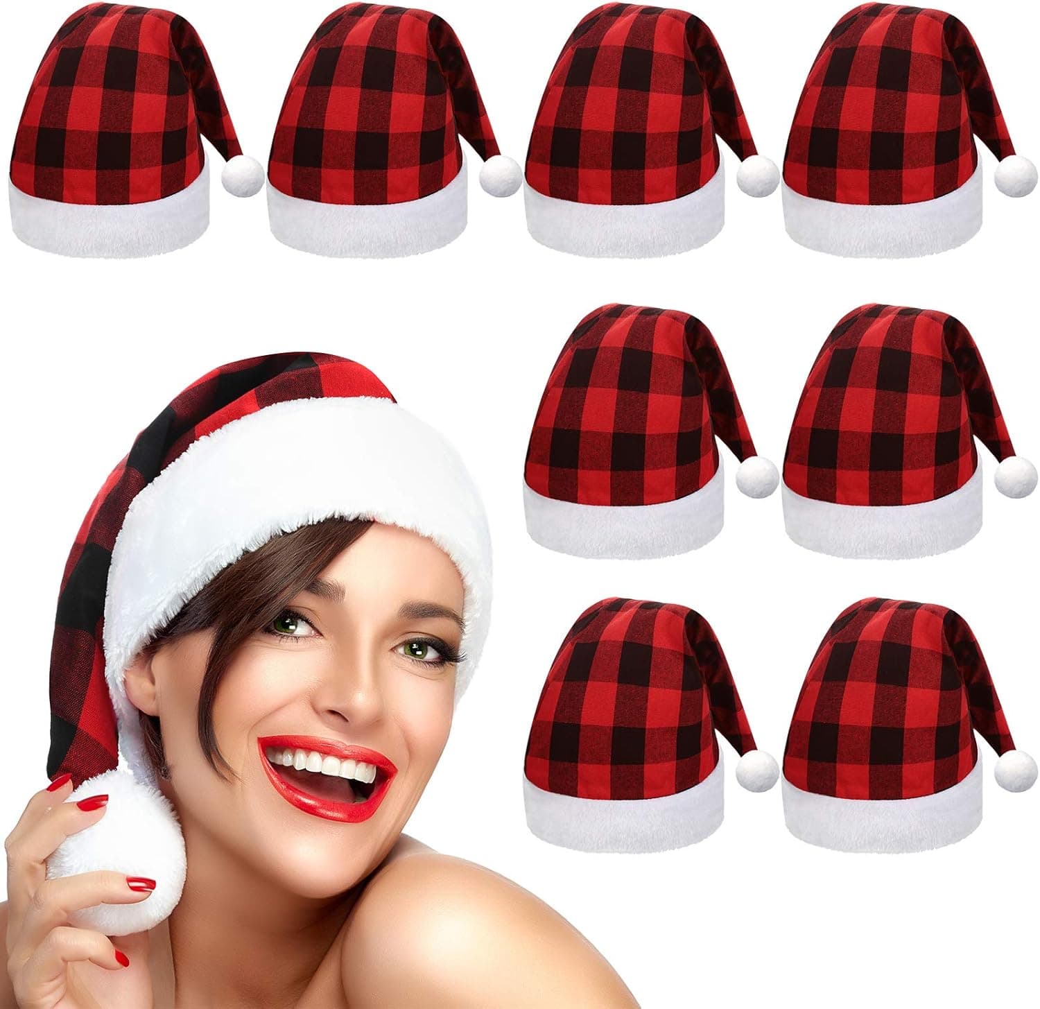 8 Pieces Christmas Plaid Santa Hat Santa Red and Black Striped Hat Short Plush Christmas Hat with White Cuffs and Small Pom Pom for Christmas Party Favors, Adults and Kids