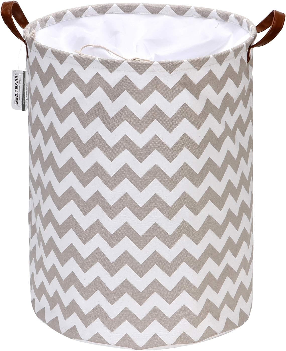 Sea Team Chevron Pattern Laundry Hamper Canvas Fabric Laundry Basket Collapsible Storage Bin with PU Leather Handles and Drawstring Closure, 17.7 by 13.8 inches, Waterproof Inner, Grey